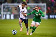 6 July 2023; Maelle Lakrar of France in action against Izzy Atkinson of Republic of Ireland during the women's international friendly match between Republic of Ireland and France at Tallaght Stadium in Dublin. Photo by David Fitzgerald/Sportsfile