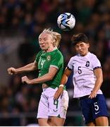 6 July 2023; Louise Quinn of Republic of Ireland in action against Elisa De Almeida of France during the women's international friendly match between Republic of Ireland and France at Tallaght Stadium in Dublin. Photo by Stephen McCarthy/Sportsfile