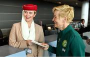 7 July 2023; Manager Vera Pauw and Evelyn Foran-Conway, Emirates, at Dublin Airport ahead of the Republic of Ireland's flight to Australia for the FIFA Women's World Cup 2023. Photo by Stephen McCarthy/Sportsfile