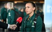 7 July 2023; Katie McCabe speaks to media at Dublin Airport ahead of the Republic of Ireland's flight to Australia for the FIFA Women's World Cup 2023. Photo by Stephen McCarthy/Sportsfile