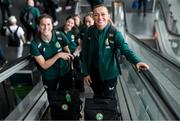 7 July 2023; Katie McCabe, right, and Niamh Fahey at Dublin Airport ahead of the Republic of Ireland's flight to Australia for the FIFA Women's World Cup 2023. Photo by Stephen McCarthy/Sportsfile
