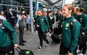 7 July 2023; Republic of Ireland players, including Katie McCabe, centre, at Dublin Airport ahead of the Republic of Ireland's flight to Australia for the FIFA Women's World Cup 2023. Photo by Stephen McCarthy/Sportsfile