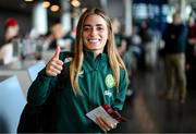 7 July 2023; Chloe Mustaki at Dublin Airport ahead of the Republic of Ireland's flight to Australia for the FIFA Women's World Cup 2023. Photo by Stephen McCarthy/Sportsfile