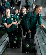 7 July 2023; Katie McCabe, right, and Niamh Fahey at Dublin Airport ahead of the Republic of Ireland's flight to Australia for the FIFA Women's World Cup 2023. Photo by Stephen McCarthy/Sportsfile