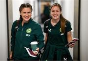 7 July 2023; Sinead Farrelly, left, and Heather Payne on their departure at Dublin Airport ahead of the Republic of Ireland's flight to Australia for the FIFA Women's World Cup 2023. Photo by Stephen McCarthy/Sportsfile
