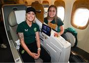 7 July 2023; Denise O'Sullivan and Chloe Mustaki at Dublin Airport ahead of the Republic of Ireland's flight to Australia for the FIFA Women's World Cup 2023. Photo by Stephen McCarthy/Sportsfile