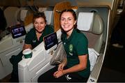 7 July 2023; Sinead Farrelly and Republic of Ireland team doctor Siobhan Forman at Dublin Airport ahead of the Republic of Ireland's flight to Australia for the FIFA Women's World Cup 2023. Photo by Stephen McCarthy/Sportsfile