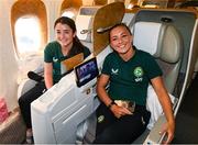 7 July 2023; Katie McCabe and Marissa Sheva at Dublin Airport ahead of the Republic of Ireland's flight to Australia for the FIFA Women's World Cup 2023. Photo by Stephen McCarthy/Sportsfile