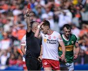 1 July 2023; Conor Meyler of Tyrone is shown the red card by referee Brendan Cawley during the GAA Football All-Ireland Senior Championship quarter-final match between Kerry and Tyrone at Croke Park in Dublin. Photo by Piaras Ó Mídheach/Sportsfile
