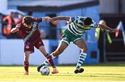 7 July 2023; Darragh Markey of Drogheda United in action against Roberto Lopes of Shamrock Rovers during the SSE Airtricity Men's Premier Division match between Drogheda United and Shamrock Rovers at Weaver's Park in Drogheda, Louth. Photo by Ramsey Cardy/Sportsfile
