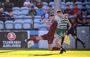 7 July 2023; Rory Gaffney of Shamrock Rovers shoots at goal under pressure from Evan Weir of Drogheda United during the SSE Airtricity Men's Premier Division match between Drogheda United and Shamrock Rovers at Weaver's Park in Drogheda, Louth. Photo by Ramsey Cardy/Sportsfile