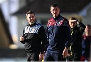 7 July 2023; Shamrock Rovers manager Stephen Bradley, left, and Drogheda United manager Kevin Doherty in conversation during a delayed start to the SSE Airtricity Men's Premier Division match between Drogheda United and Shamrock Rovers at Weaver's Park in Drogheda, Louth. Photo by Ramsey Cardy/Sportsfile