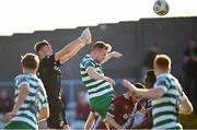 7 July 2023; Drogheda United goalkeeper Andrew Wogan in action against Sean Hoare of Shamrock Rovers during the SSE Airtricity Men's Premier Division match between Drogheda United and Shamrock Rovers at Weaver's Park in Drogheda, Louth. Photo by Ramsey Cardy/Sportsfile