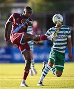 7 July 2023; Emmanuel Adegboyega of Drogheda United in action against Graham Burke of Shamrock Rovers during the SSE Airtricity Men's Premier Division match between Drogheda United and Shamrock Rovers at Weaver's Park in Drogheda, Louth. Photo by Ramsey Cardy/Sportsfile