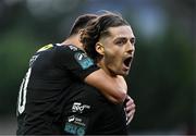 7 July 2023; Ruairí Keating of Cork City, right, celebrates with teammate Barry Coffey after scoring their side's first goal during the SSE Airtricity Men's Premier Division match between St Patrick's Athletic and Cork City at Richmond Park in Dublin. Photo by Piaras Ó Mídheach/Sportsfile