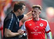 7 July 2023; Chris Forrester of St Patrick's Athletic with his manager Jon Daly after he was substituted during the SSE Airtricity Men's Premier Division match between St Patrick's Athletic and Cork City at Richmond Park in Dublin. Photo by Piaras Ó Mídheach/Sportsfile