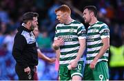 7 July 2023; Shamrock Rovers manager Stephen Bradley in conversation with Rory Gaffney and Aaron Greene after their side's draw in the SSE Airtricity Men's Premier Division match between Drogheda United and Shamrock Rovers at Weaver's Park in Drogheda, Louth. Photo by Ramsey Cardy/Sportsfile