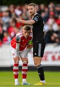 7 July 2023; Chris Forrester of St Patrick's Athletic and Kevin Custovic of Cork City await a corner during the SSE Airtricity Men's Premier Division match between St Patrick's Athletic and Cork City at Richmond Park in Dublin. Photo by Piaras Ó Mídheach/Sportsfile