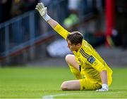 7 July 2023; Cork City goalkeeper Tiernan Brooks awaits medical attention for an injury before being substituted during the SSE Airtricity Men's Premier Division match between St Patrick's Athletic and Cork City at Richmond Park in Dublin. Photo by Piaras Ó Mídheach/Sportsfile