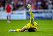 7 July 2023; Cork City goalkeeper Jimmy Corcoran awaits medical attention for an injury during the SSE Airtricity Men's Premier Division match between St Patrick's Athletic and Cork City at Richmond Park in Dublin. Photo by Piaras Ó Mídheach/Sportsfile