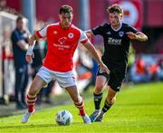 7 July 2023; Anthony Breslin of St Patrick's Athletic in action against Cian Bargary of Cork City during the SSE Airtricity Men's Premier Division match between St Patrick's Athletic and Cork City at Richmond Park in Dublin. Photo by Piaras Ó Mídheach/Sportsfile