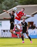 7 July 2023; Ben McCormack of St Patrick’s Athletic in action against Barry Coffey of Cork City during the SSE Airtricity Men's Premier Division match between St Patrick's Athletic and Cork City at Richmond Park in Dublin. Photo by Piaras Ó Mídheach/Sportsfile