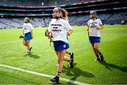 8 July 2023; The Antrim and Tipperary teams leave the pitch together wearing United for Equality tshirts before the All-Ireland Senior Camogie Championship quarter-final match between Tipperary and Antrim at Croke Park in Dublin. Photo by Ramsey Cardy/Sportsfile