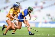 8 July 2023; Caoimhe Maher of Tipperary in action against Katie Laverty of Antrim during the All-Ireland Senior Camogie Championship quarter-final match between Tipperary and Antrim at Croke Park in Dublin. Photo by Stephen Marken/Sportsfile