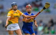 8 July 2023; Cassie McArthur of Antrim in action against Karen Kennedy of Tipperary during the All-Ireland Senior Camogie Championship quarter-final match between Tipperary and Antrim at Croke Park in Dublin. Photo by John Sheridan/Sportsfile