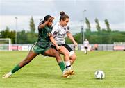 8 July 2023; Ciara Rossiter of Wexford Youths in action against Eve Dossen of Galway United FC during the Avenir Sports All-Island Cup semi-final match between Wexford Youths and Galway United at Ferrycarrig Park in Wexford. Photo by Tyler Miller/Sportsfile