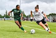 8 July 2023; Ciara Rossiter of Wexford Youths in action against Eve Dossen of Galway United FC during the Avenir Sports All-Island Cup semi-final match between Wexford Youths and Galway United at Ferrycarrig Park in Wexford. Photo by Tyler Miller/Sportsfile