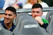 8 July 2023; Injured Limerick players Sean Finn, left, and Declan Hannon before the GAA Hurling All-Ireland Senior Championship semi-final match between Limerick and Galway at Croke Park in Dublin. Photo by Ramsey Cardy/Sportsfile
