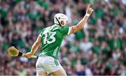 8 July 2023; Aaron Gillane of Limerick celebrates after scoring his side's first goal during the GAA Hurling All-Ireland Senior Championship semi-final match between Limerick and Galway at Croke Park in Dublin. Photo by Ramsey Cardy/Sportsfile