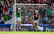 8 July 2023; Aaron Gillane of Limerick, left, celebrates after scoring his side's first goal during the GAA Hurling All-Ireland Senior Championship semi-final match between Limerick and Galway at Croke Park in Dublin. Photo by Brendan Moran/Sportsfile