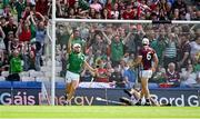 8 July 2023; Aaron Gillane of Limerick, left, celebrates after scoring his side's first goal during the GAA Hurling All-Ireland Senior Championship semi-final match between Limerick and Galway at Croke Park in Dublin. Photo by Brendan Moran/Sportsfile