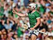8 July 2023; Aaron Gillane of Limerick celebrates after scoring his side's first goal during the GAA Hurling All-Ireland Senior Championship semi-final match between Limerick and Galway at Croke Park in Dublin. Photo by Piaras Ó Mídheach/Sportsfile