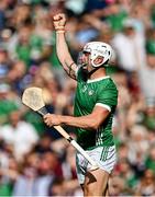 8 July 2023; Aaron Gillane of Limerick celebrates after scoring his side's first goal during the GAA Hurling All-Ireland Senior Championship semi-final match between Limerick and Galway at Croke Park in Dublin. Photo by Piaras Ó Mídheach/Sportsfile