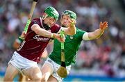 8 July 2023; Cianan Fahy of Galway is tackled by William O'Donoghue of Limerick during the GAA Hurling All-Ireland Senior Championship semi-final match between Limerick and Galway at Croke Park in Dublin. Photo by Brendan Moran/Sportsfile