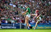 8 July 2023; Gearóid Hegarty of Limerick in action against Ronan Glennon of Galway during the GAA Hurling All-Ireland Senior Championship semi-final match between Limerick and Galway at Croke Park in Dublin. Photo by Ramsey Cardy/Sportsfile