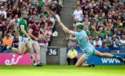 8 July 2023; Cathal Mannion of Galway scores his side's first goal past Limerick goalkeeper Nickie Quaid during the GAA Hurling All-Ireland Senior Championship semi-final match between Limerick and Galway at Croke Park in Dublin. Photo by Brendan Moran/Sportsfile