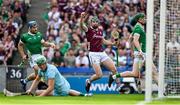 8 July 2023; Cathal Mannion of Galway celebrates after scoring his side's first goal past Limerick goalkeeper Nickie Quaid during the GAA Hurling All-Ireland Senior Championship semi-final match between Limerick and Galway at Croke Park in Dublin. Photo by Brendan Moran/Sportsfile