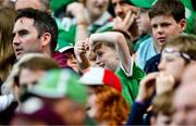 8 July 2023; A Limerick supporter reacts to the first Galway goal, scored by, Cathal Mannion, during the GAA Hurling All-Ireland Senior Championship semi-final match between Limerick and Galway at Croke Park in Dublin. Photo by Piaras Ó Mídheach/Sportsfile