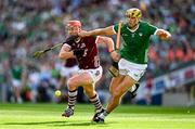 8 July 2023; Conor Whelan of Galway is tackled by Dan Morrissey of Limerick during the GAA Hurling All-Ireland Senior Championship semi-final match between Limerick and Galway at Croke Park in Dublin. Photo by Brendan Moran/Sportsfile