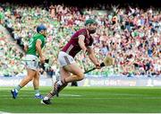 8 July 2023; Cathal Mannion of Galway celebrates after scoring his side's first goal during the GAA Hurling All-Ireland Senior Championship semi-final match between Limerick and Galway at Croke Park in Dublin. Photo by John Sheridan/Sportsfile