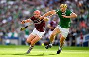 8 July 2023; Conor Whelan of Galway is tackled by Dan Morrissey of Limerick during the GAA Hurling All-Ireland Senior Championship semi-final match between Limerick and Galway at Croke Park in Dublin. Photo by Brendan Moran/Sportsfile