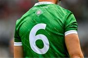 8 July 2023; A logo on the back of the jersey of Kyle Hayes of Limerick before the GAA Hurling All-Ireland Senior Championship semi-final match between Limerick and Galway at Croke Park in Dublin. Photo by Piaras Ó Mídheach/Sportsfile
