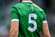 8 July 2023; A logo on the back of the jersey of Diarmaid Byrnes of Limerick before the GAA Hurling All-Ireland Senior Championship semi-final match between Limerick and Galway at Croke Park in Dublin. Photo by Piaras Ó Mídheach/Sportsfile