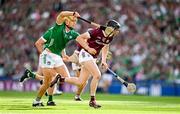 8 July 2023; Kevin Cooney of Galway is tackled by Dan Morrissey of Limerick during the GAA Hurling All-Ireland Senior Championship semi-final match between Limerick and Galway at Croke Park in Dublin. Photo by Brendan Moran/Sportsfile