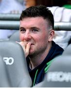 8 July 2023; Injured Limerick hurler Declan Hannon sits in the substitutes before the GAA Hurling All-Ireland Senior Championship semi-final match between Limerick and Galway at Croke Park in Dublin. Photo by Brendan Moran/Sportsfile