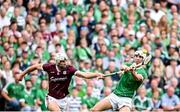 8 July 2023; Aaron Gillane of Limerick in action against Gearóid McInerney of Galway during the GAA Hurling All-Ireland Senior Championship semi-final match between Limerick and Galway at Croke Park in Dublin. Photo by Ramsey Cardy/Sportsfile